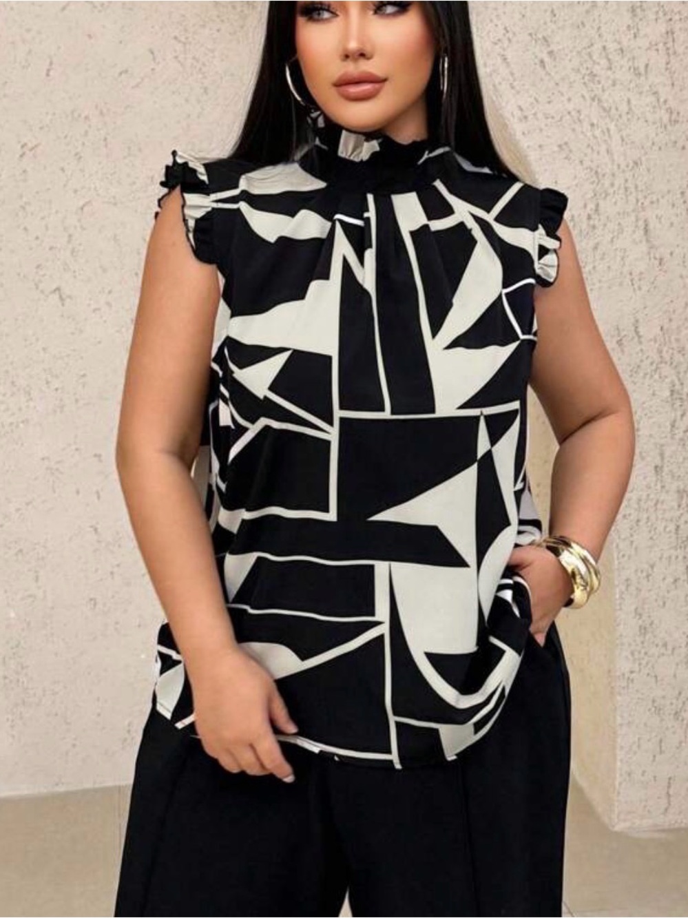 SHEIN Black & White Geometric Ruffle Mock Neck Sleeveless Top